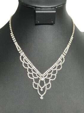3PC Bridal Set Silver Tone Luxurious Rhinestone Statement Necklace Earrings